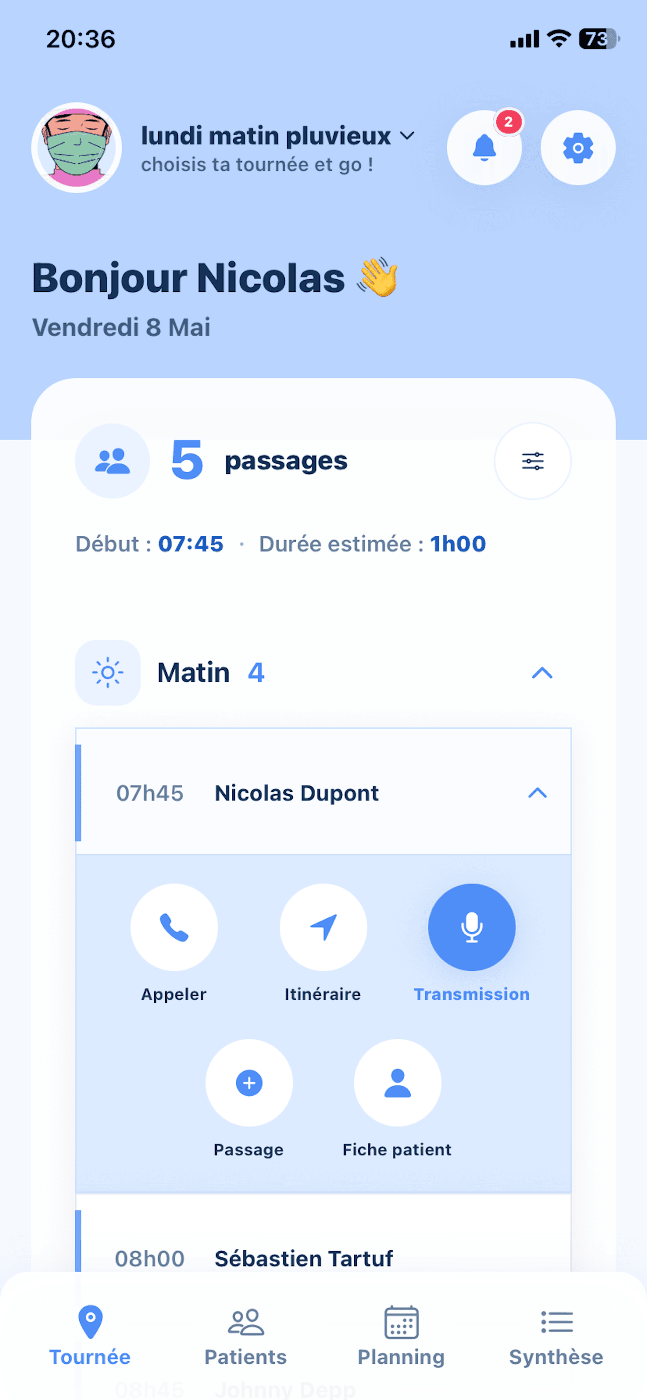 Les actions rapides chez le patient : fiche, transmission et suivi du passage