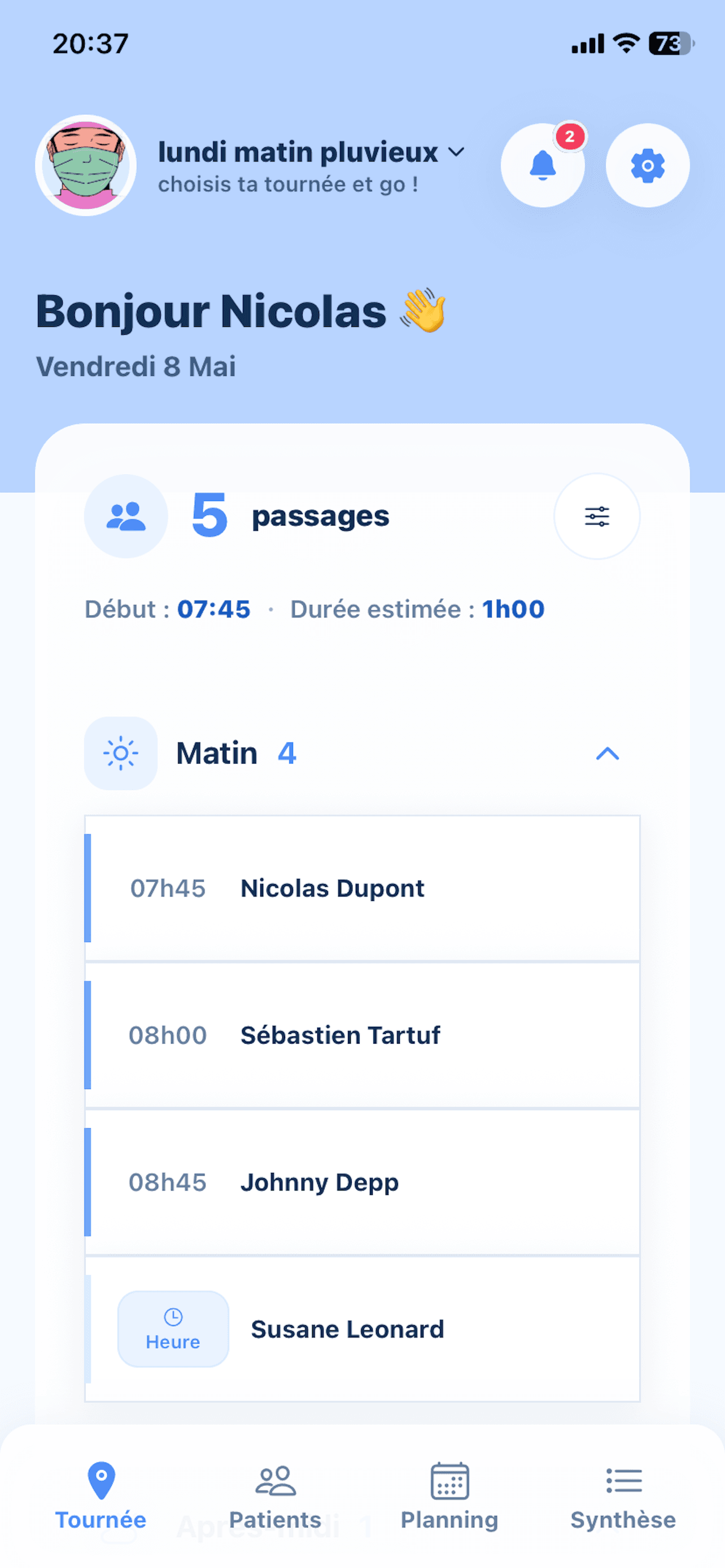 La tournée du jour dans Libeo, avec les horaires et les passages